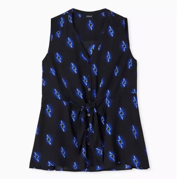 torrid Tops - Torrid Peplum Georgette Button-Front Tie-Front Blouse black & blue size 2